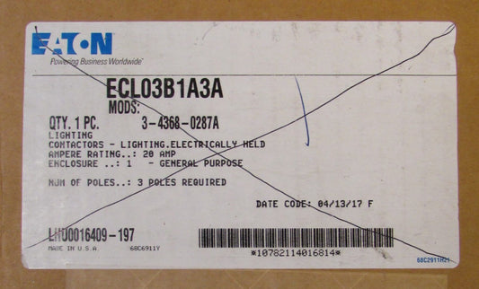 EATON CUTLER HAMMER ECL03B1A3A Lighting Contactor Electrically Held Nema 1 Enclo
