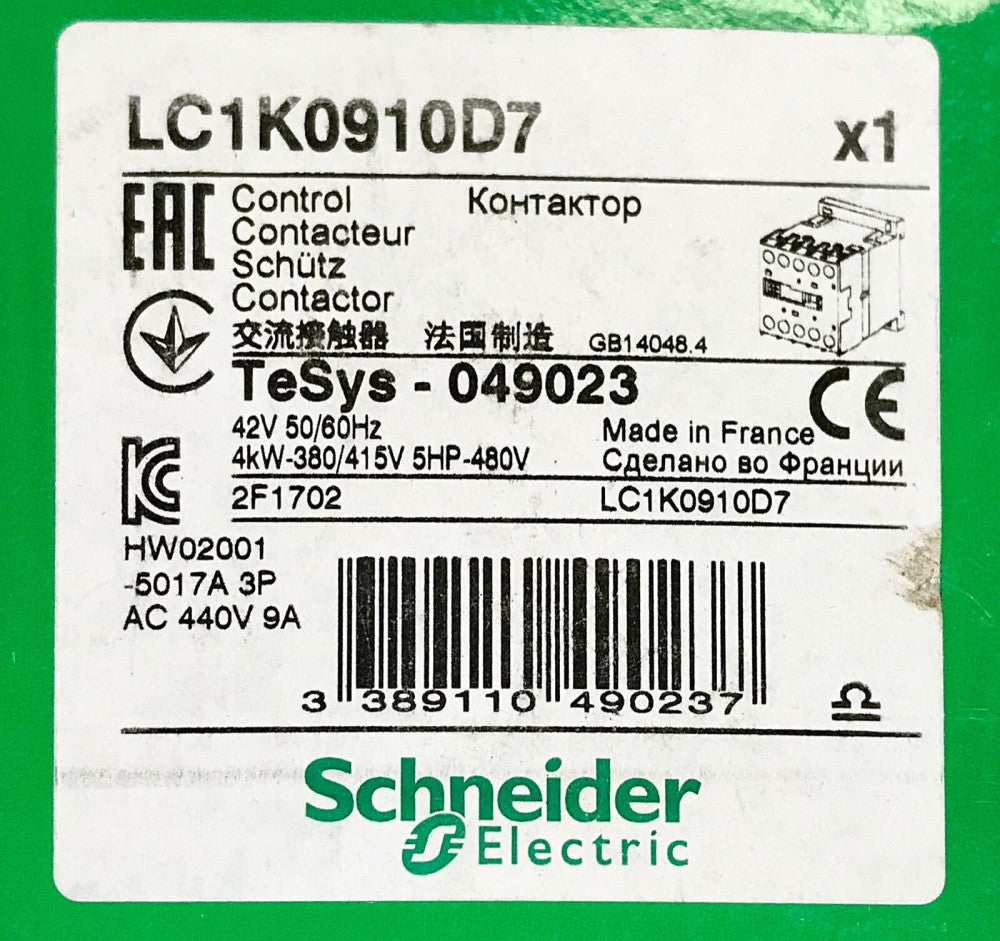SCHNEIDER ELECTRIC LC1K0910D7 42 V 9 AMP Tesys 049023 Contactor 4 KW 3 Pole