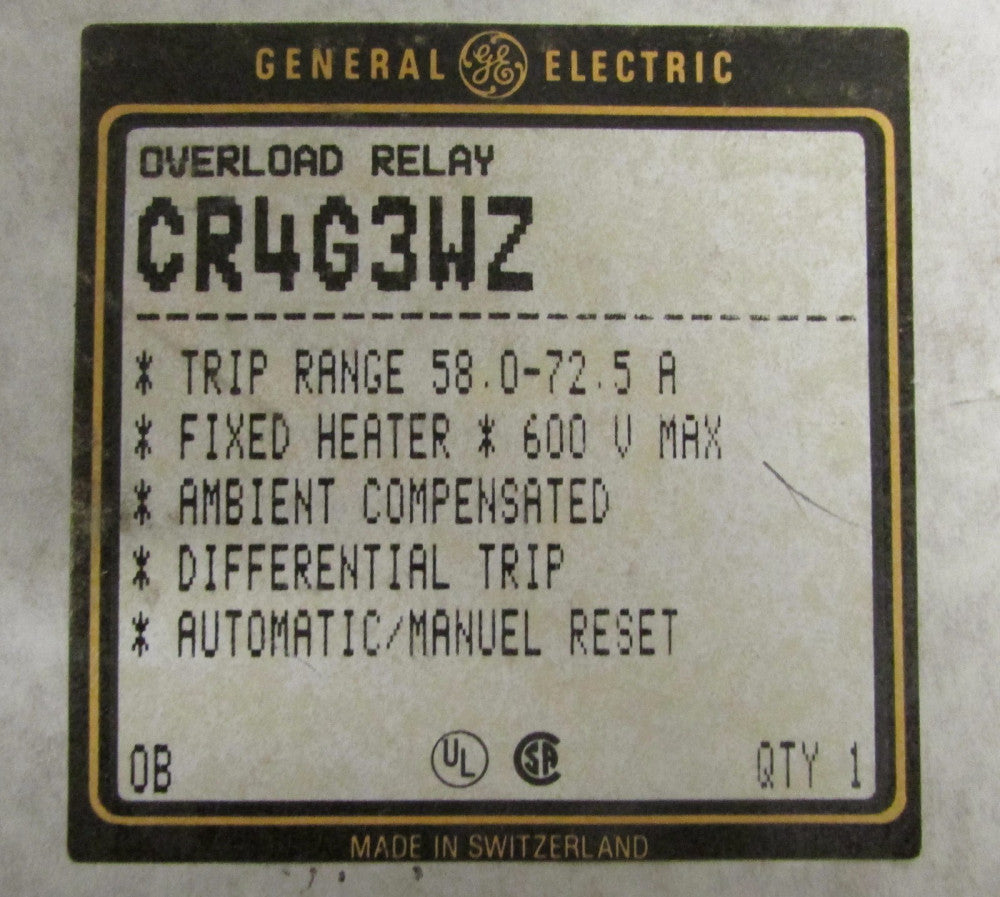 GE GENERAL ELECTRIC CR4G3WZ 58-72.5 AMP Fixed Heater Overload Relay 
