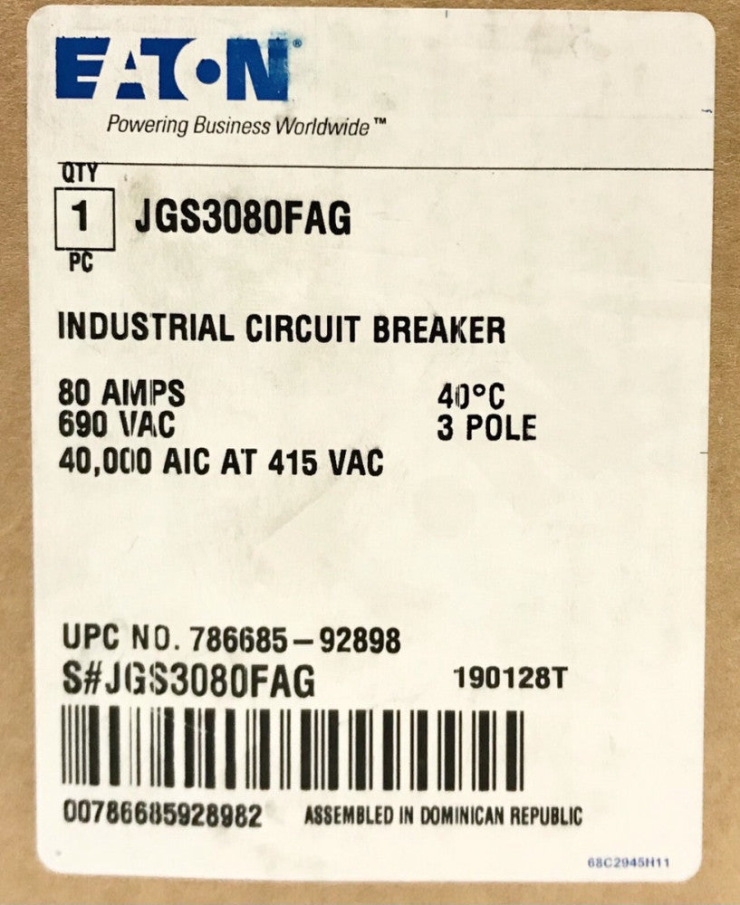 EATON CUTLER HAMMER JGS3080FAG 3 Pole 80 AMP Type J250S Circuit Breaker