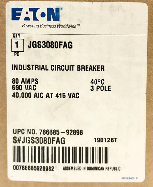 EATON CUTLER HAMMER JGS3080FAG 3 Pole 80 AMP Type J250S Circuit Breaker