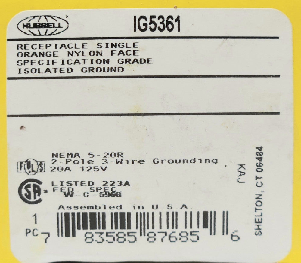 HUBBELL IG5361 2 Pole 20 AMP 125 VAC ORANGE Receptacle 2 Pole 3 Wire