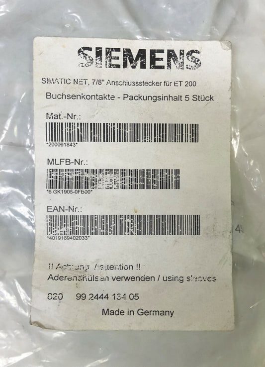 Package of 5) SIEMENS 820 99 2444 134 05 SIMATIC NET 7/8" ET 200 5 PIN Connector