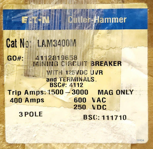 EATON CUTLER HAMMER LAM3400M 3 Pole 400 AMP Type LAM MINING Circuit Breaker
