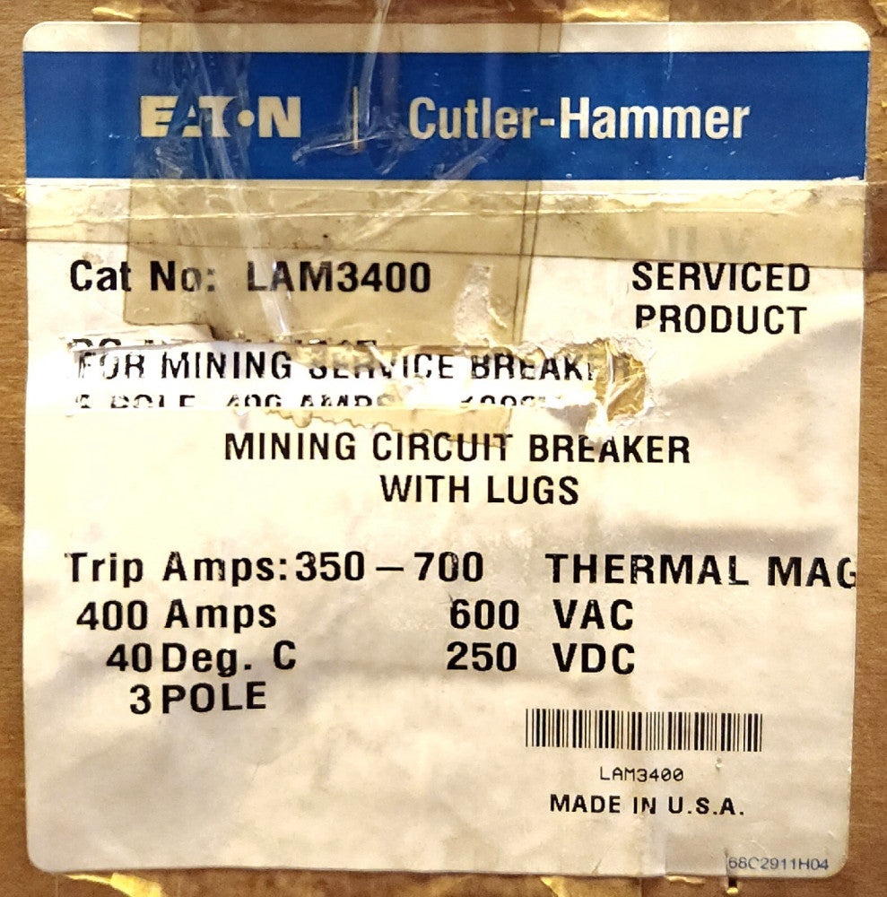 EATON CUTLER HAMMER LAM3400 3 Pole 400 AMP Type LAM Mining Breaker Serviced