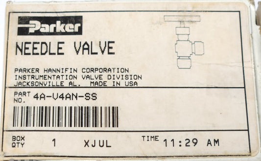 PARKER 4A V4AN SS V Series Needle Valve Stainless Steel 1/4" PTFE Seal 5000 PSI
