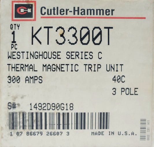CUTLER HAMMER EATON KT3300T 3 Pole 300 AMP K Frame TRIP Unit 1492D90G18 Type KD