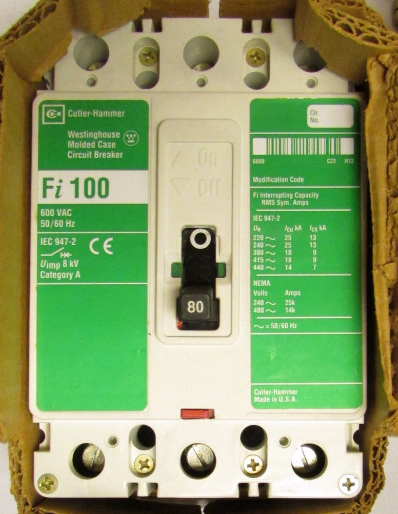 CUTLER HAMMER WESTINGHOUSE Fi3080L 3P 80A Fi Universal Circuit Breaker Fi3080
