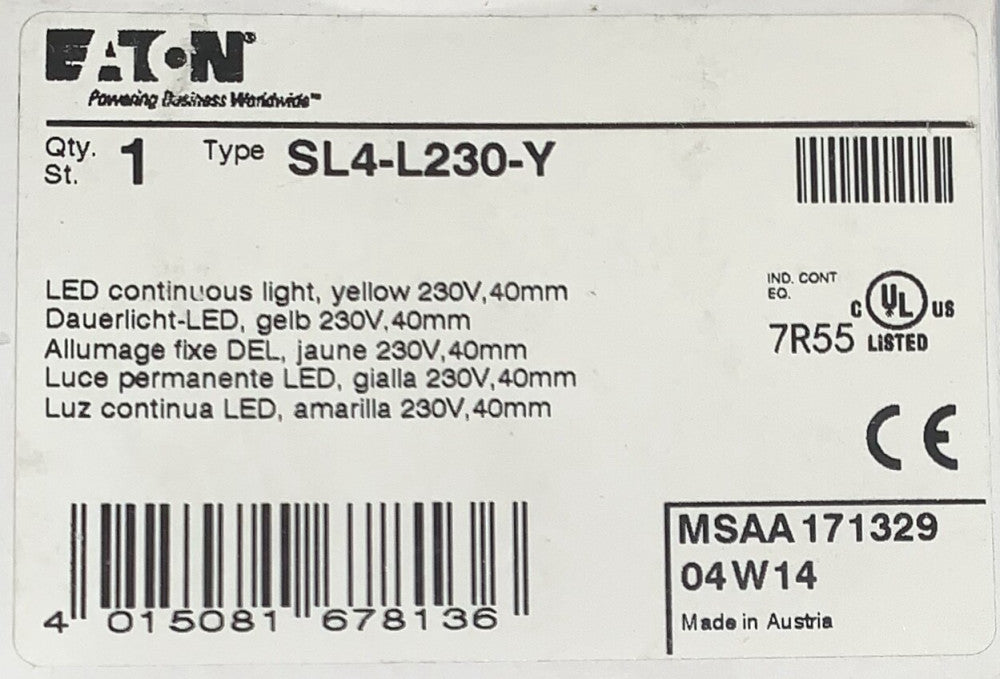 EATON CUTLER HAMMER SL4 L230 Y 230 V Yellow LED Continuous Light 40mm 