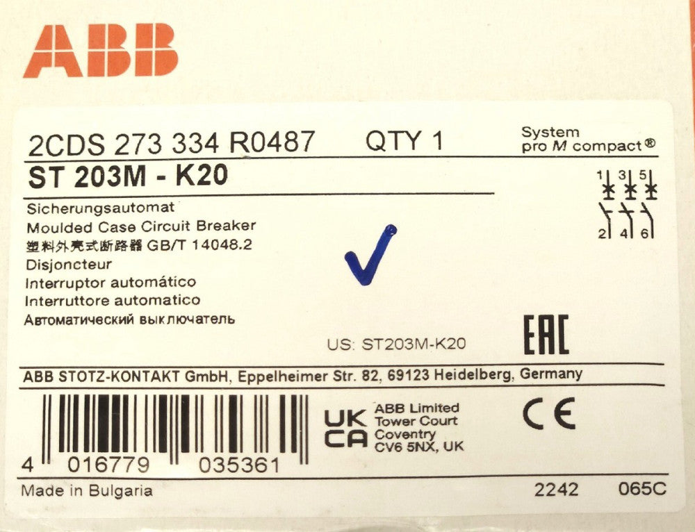 ABB ST 203M K20 2CDS 273 334 R0487 3 Pole 20 AMP ST 203M K20A Circuit Breaker