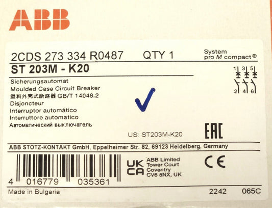 ABB ST 203M K20 2CDS 273 334 R0487 3 Pole 20 AMP ST 203M K20A Circuit Breaker