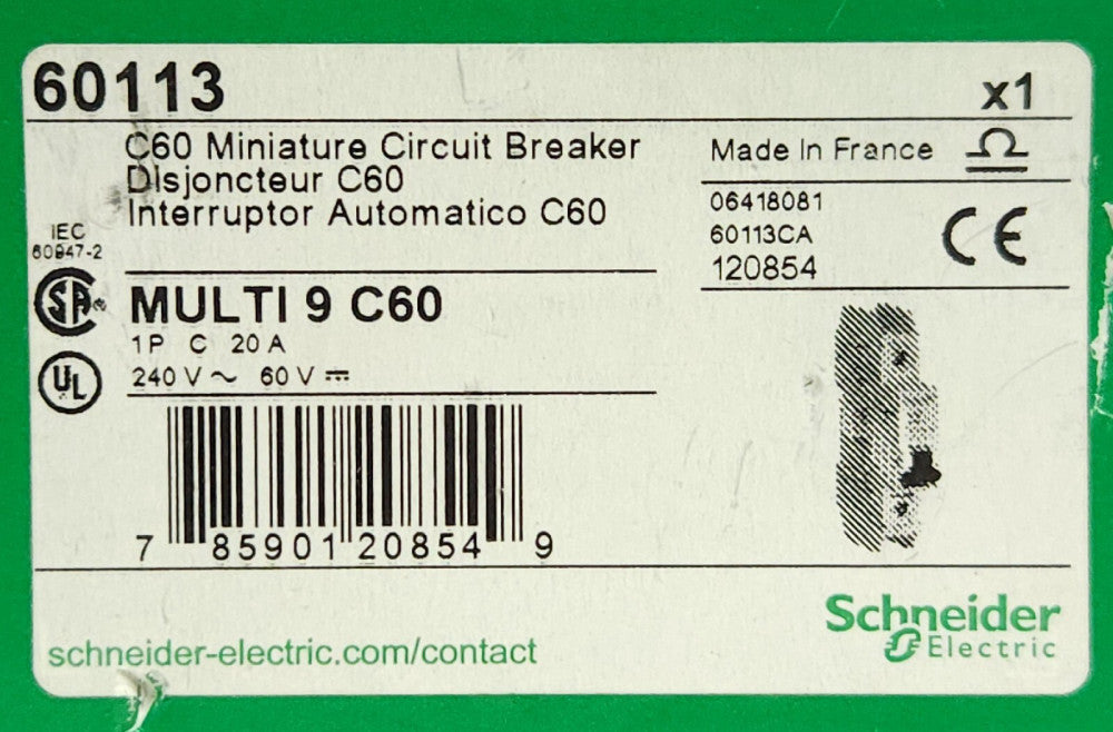 SCHNEIDER ELECTRIC 60113 Multi 9 C60 Single Pole 20AMP Miniature Circuit Breaker