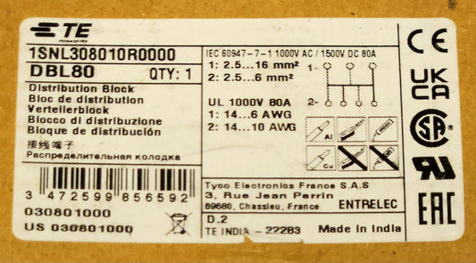 ABB TE CONNECTIVITY DBL80 Power Distribution BLOCK 80 AMP 1000 VAC 1500 VDC