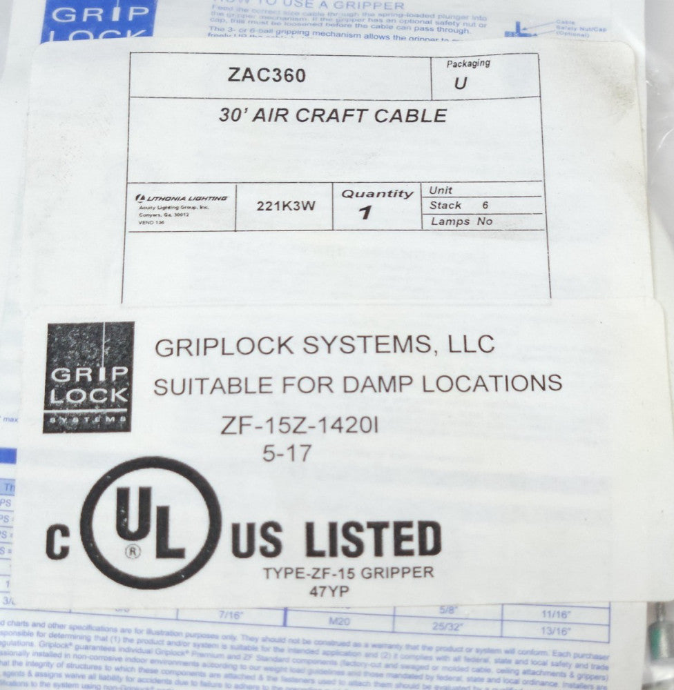 LITHONIA ZF 15Z 14201 ZAC360 30' Air Craft Cable GRIPLOCK SYSTEM Type ZF-15 Grip