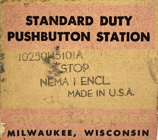EATON CUTLER HAMMER 10250H5101A STOP Standard Duty Pushbutton Station Nema 1