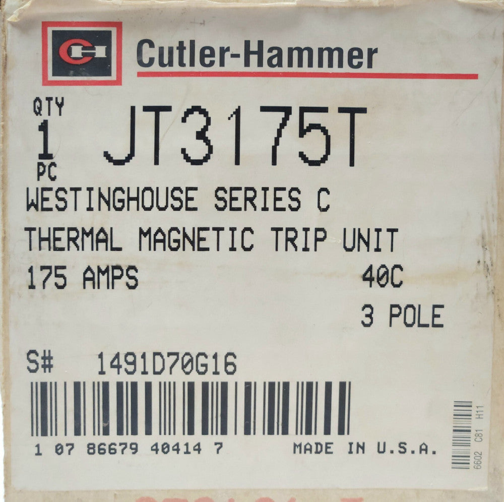 CUTLER HAMMER EATON JT3175T 3 Pole 175 AMP J Frame TRIP UNIT 1491D70G16 Type JD