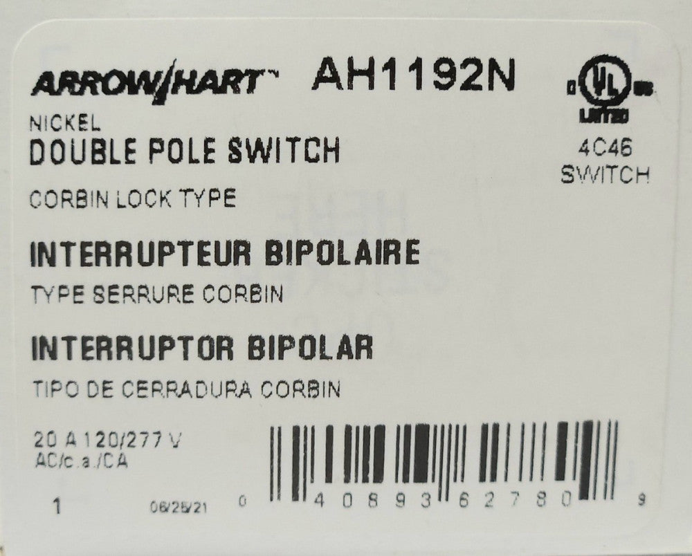 EATON ARROW HART AH1192N 20 AMP Keyed Double Pole Switch 2 Position Maintained