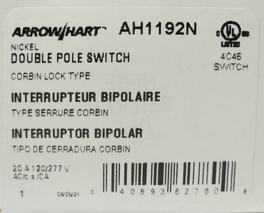 EATON ARROW HART AH1192N 20 AMP Keyed Double Pole Switch 2 Position Maintained