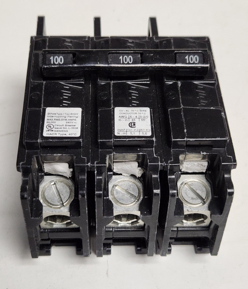 SIEMENS BQ3B100H 3 Pole 100 AMP Type BQH Bolt In Circuit Breaker 120 240 VAC