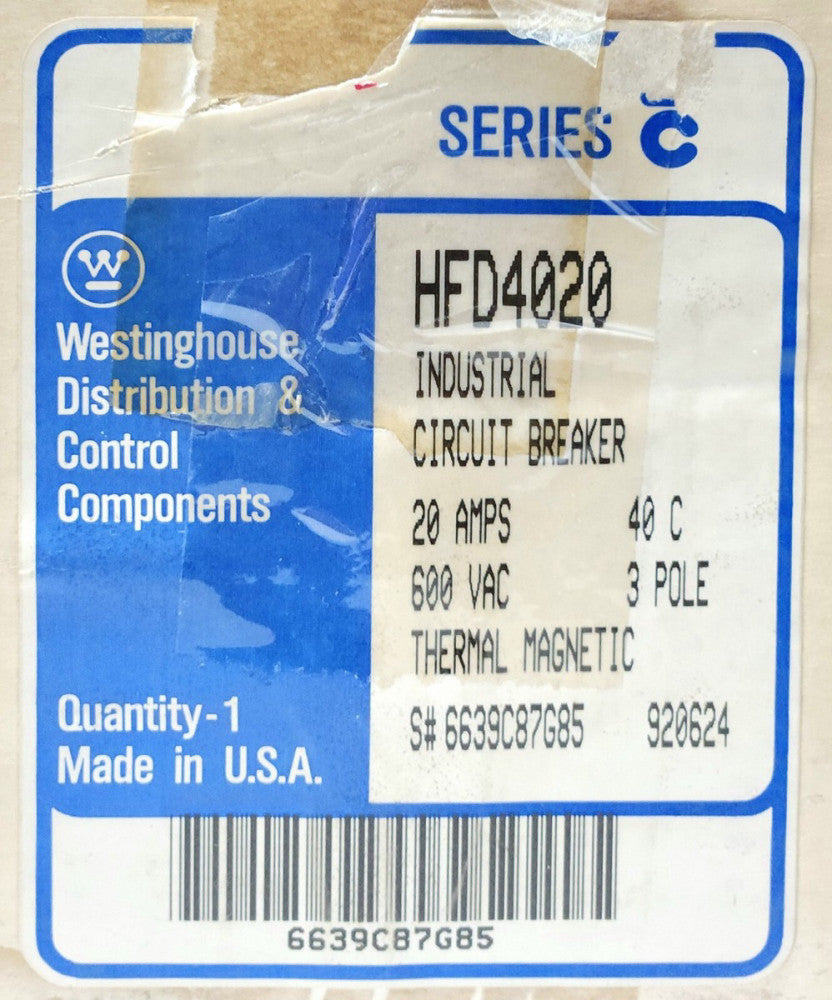 CUTLER HAMMER WESTINGHOUSE HFD4020 4 Pole 40 AMP Type HFD Circuit Breaker