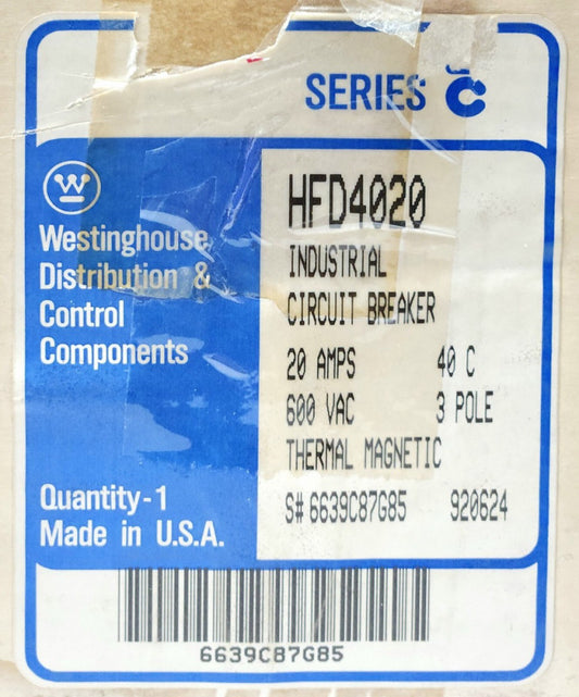 CUTLER HAMMER WESTINGHOUSE HFD4020 4 Pole 40 AMP Type HFD Circuit Breaker