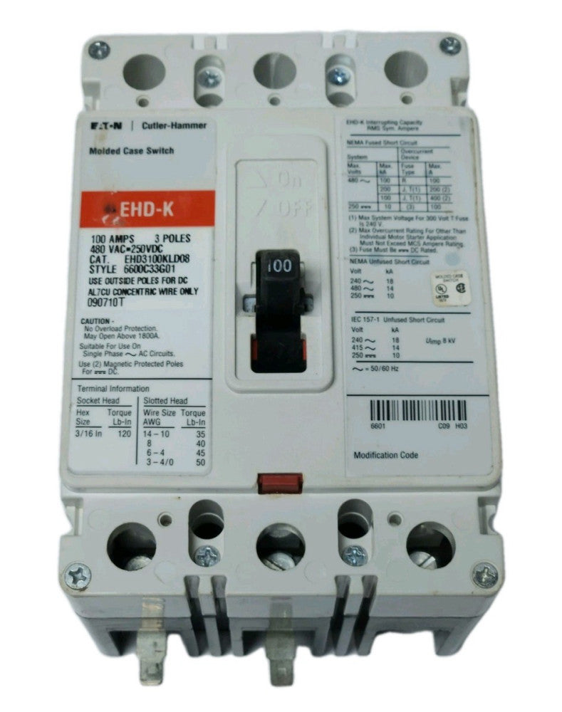 EATON CUTLER HAMMER EHD3100KLD08 3 Pole 100 AMP EHD3100K Molded Case Switch with