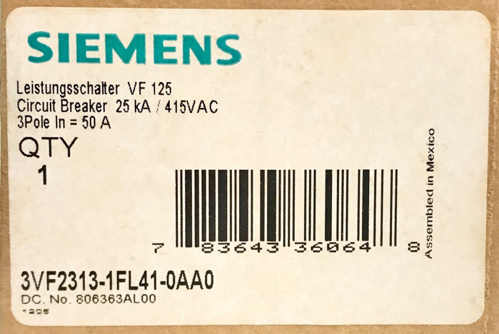 SIEMENS 3VF2313 1FL41 0AA0 3 Pole 50 AMP VF125 Circuit Breaker