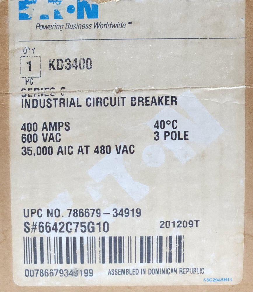 EATON CUTLER HAMMER KD3400 3 Pole 400 AMP Type KD Circuit Breaker Extended Line