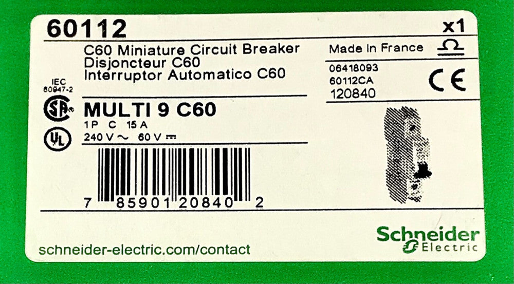 SCHNEIDER ELECTRIC 60112 C60 Multi 9 C60 Miniature Circuit Breaker 15 AMP 1 Pole