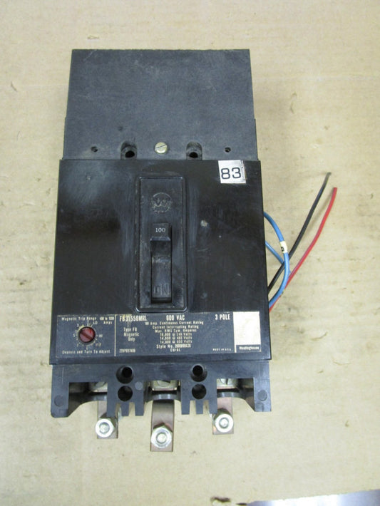 WESTINGHOUSE AUX.  BREAKER FB31550MRL 100A AMP 600Vac 3 POLE