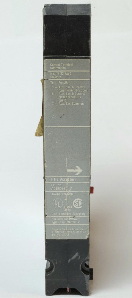 SIEMENS ITE A01ED62 FRAME ED ED2 ED4 ED6 ETI Auxiliary Switch 120 VAC 125/250 VD