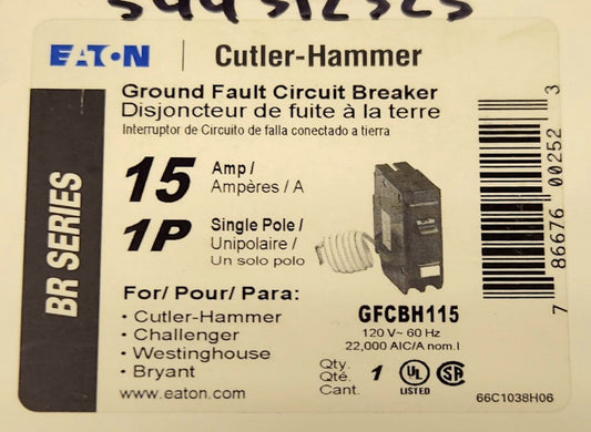 EATON CUTLER HAMMER GFCBH115 Single Pole 15 AMP Type GFCB HAGF Ground Fault