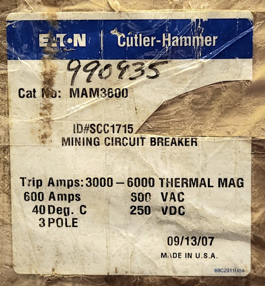 EATON CUTLER HAMMER MAM3600 3 Pole 600 AMP Type MAM Mining Circuit Breaker 600