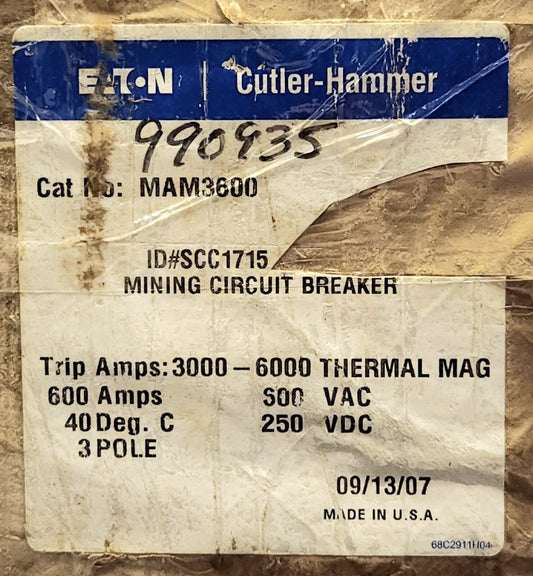 EATON CUTLER HAMMER MAM3600 3 Pole 600 AMP Type MAM Mining Circuit Breaker 600