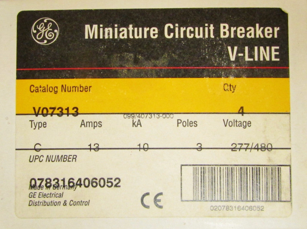 GENERAL ELECTRIC GE V Line C13 Circuit Breaker 3 Pole 13 Amp 277 480V V07313