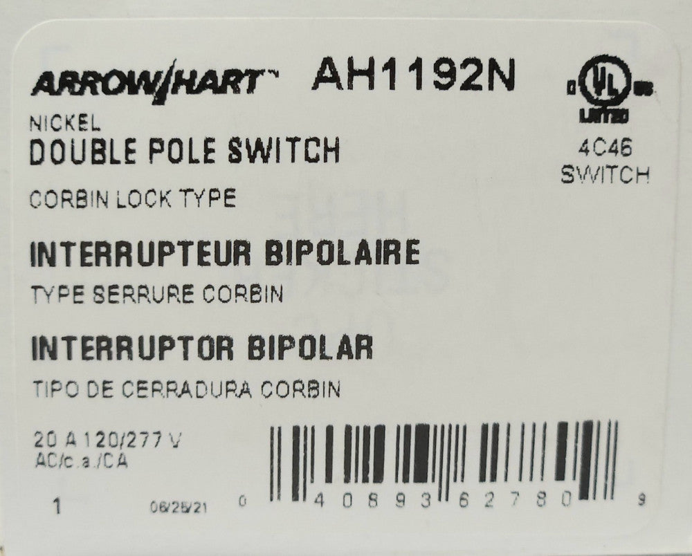 EATON ARROW HART AH1192N 20 AMP Keyed Double Pole Switch 2 Position Maintained