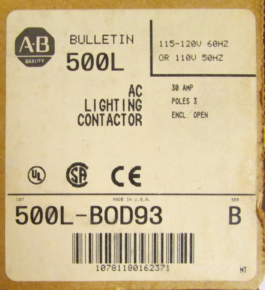 ALLEN BRADLEY Lighting Contactor 110/120V AC 3 Pole 30 Amp 500L B0D93 