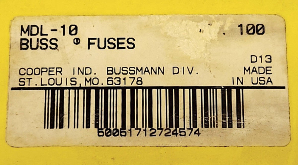 BOX CASE OF 100 BUSS BUSSMANN MDL-10 BUSS 10 AMP MDL 10 Fuse