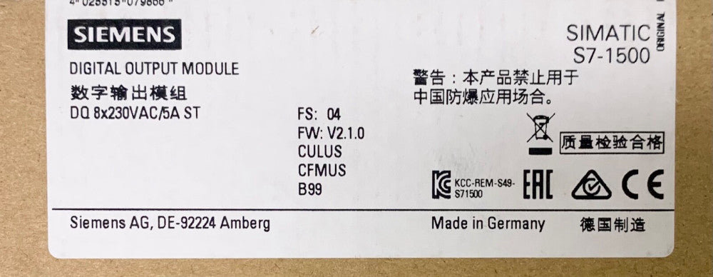 SIGMENS 6ES7 522 5HF00 0AB0 SIMATIC S7 1500 Digital Output Module DQ 8X230VAC 5A