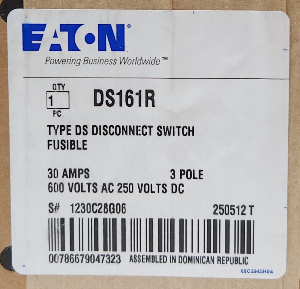 SEALED EATON CUTLER HAMMER DS161R Type DS Disconnect Switch 3 Pole 30 AMP 600VAC
