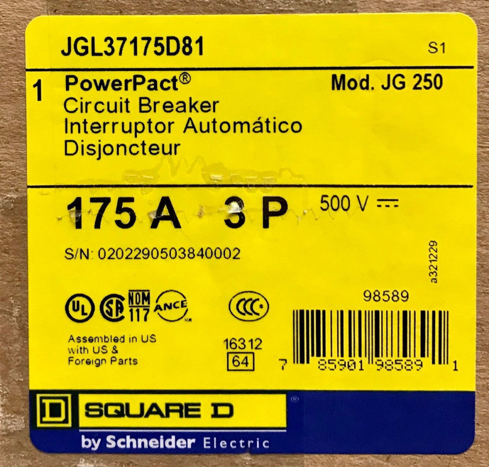 SQUARE D JGL37175D81 175 AMP JG 250 Power Pact Circuit Breaker 3 Pole