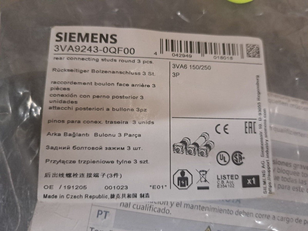 New, Siemens, 3VA9243-0QF00, Breaker, Molded Case, 3VA6 250 REAR CON STUD ROUND 