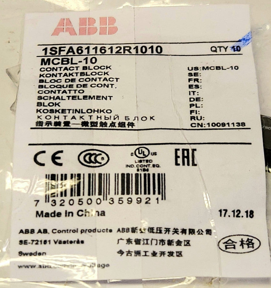 BAG OF 3 ABB MCBL- 10 1SFA611612R1010 Contact Block