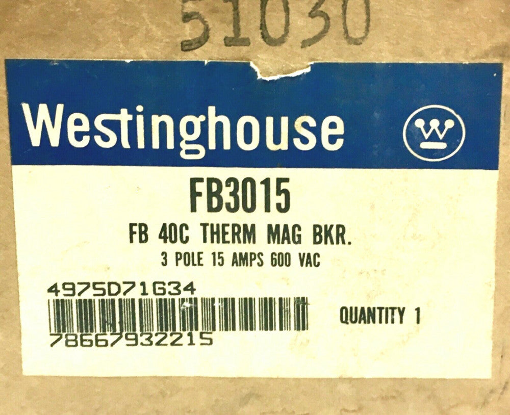 WESTINGHOUSE FB3015 3 Pole 15 AMP Type FB 