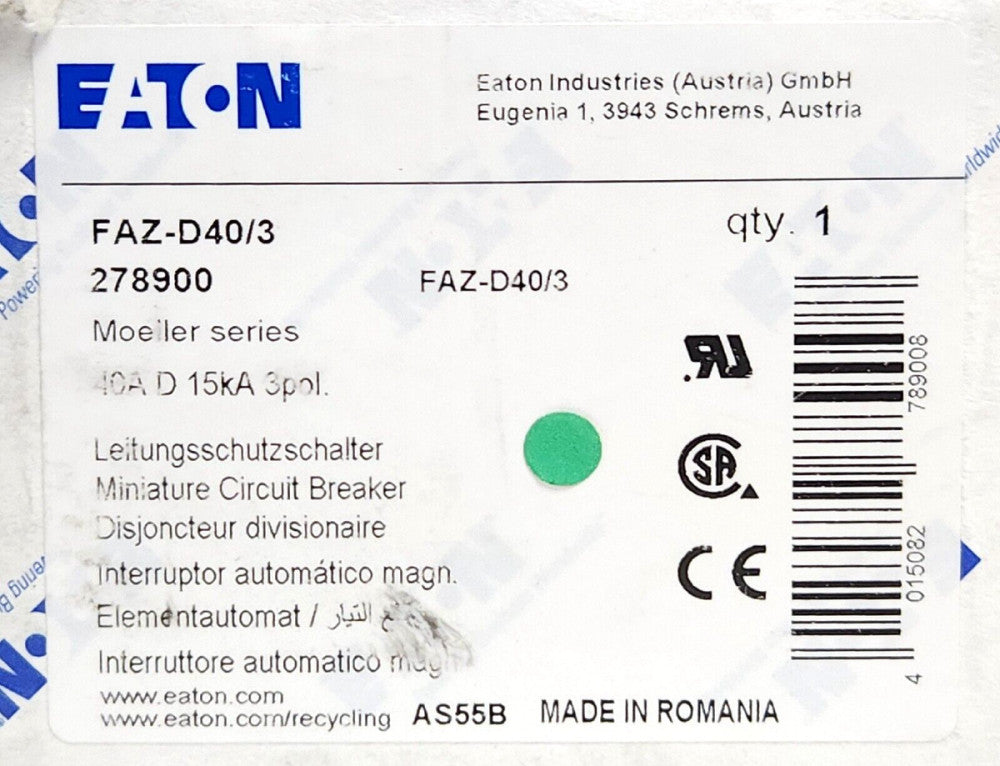 EATON MOELLER FAZ-D40/3 3 Pole 40 AMP 120/240 VAC Miniature Circuit Breaker