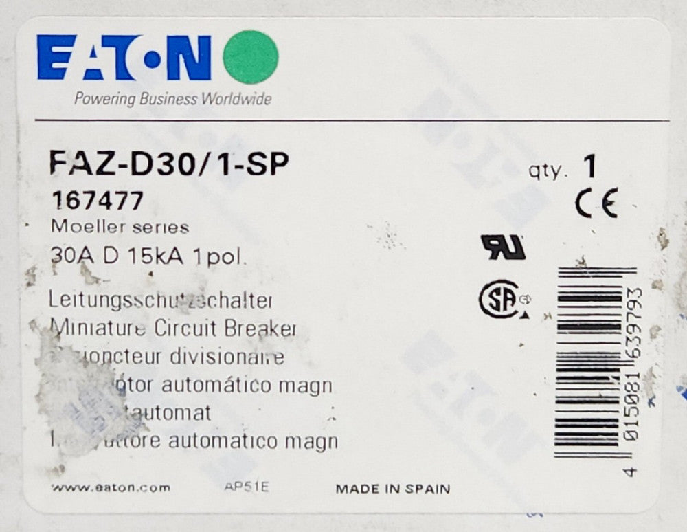 EATON MOELLER FAZ-D30/1-SP Single Pole 30 AMP 277 VAC Miniature Circuit Breaker