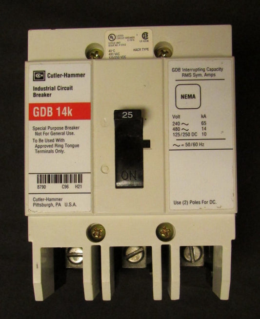 EATON CUTLER HAMMER Type GDB 14K Circuit Breaker 3 Pole 25 Amp GDB3025