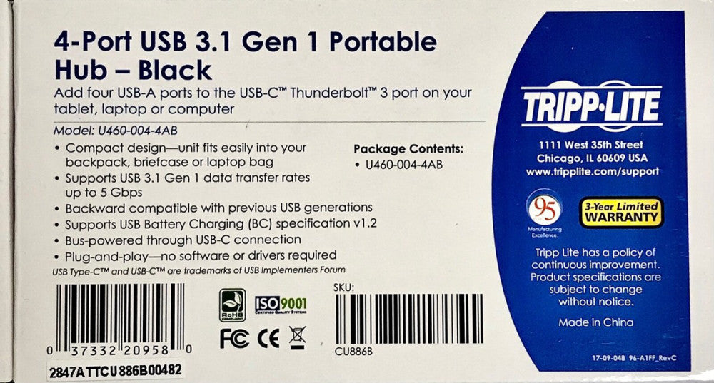 TRIPP LITE Model U460 004 4AB 4 Port USB 3.1Gen 1 Portable Hub Black USB-A USB-L