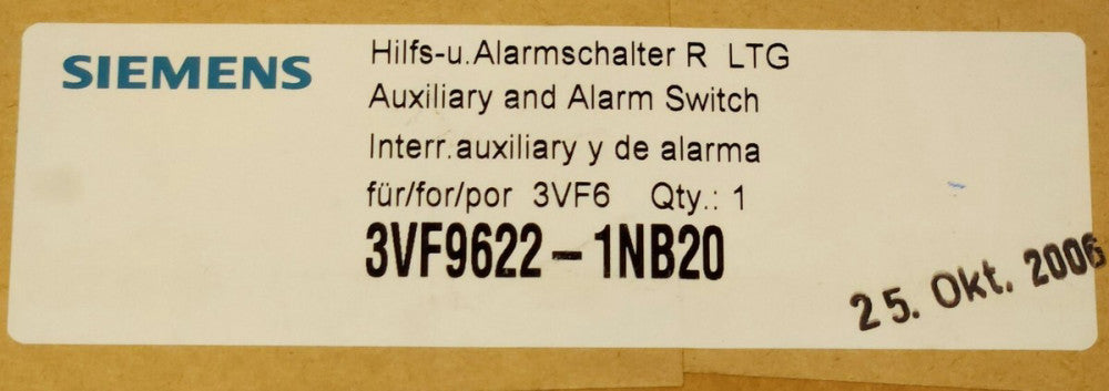 SIEMENS 3VF9622 1NB20 Bell Alarm Auxiliary Switch 3VF6 3VF9 Frame 1493D57G04
