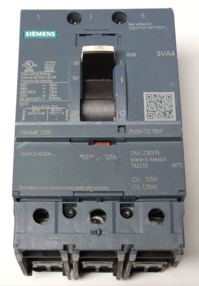 SIEMENS 3VA4112 4ED34 0AA0 3 Pole 125 AMP 3VA4 FRAME 125S Circuit Breaker